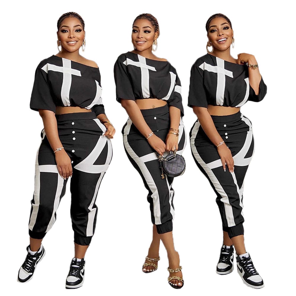 Boutique Clothing Women Casual Positioning Printed Striped Short Sleeve Pant Set