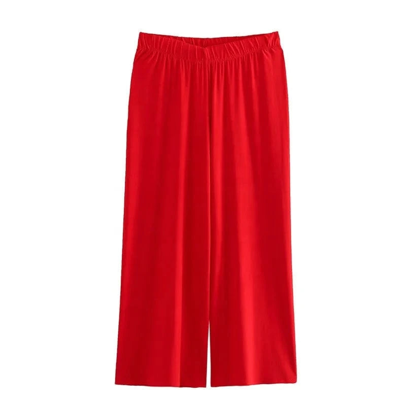 Bow decoration  multi color print asymmetric top wide leg pants set