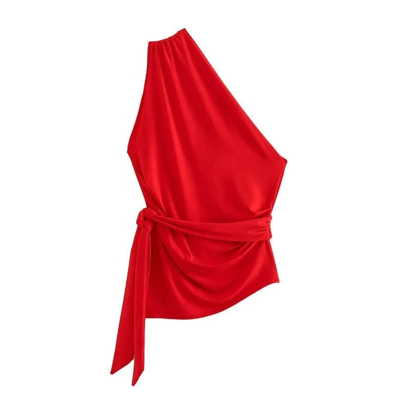 Bow decoration  multi color print asymmetric top wide leg pants set