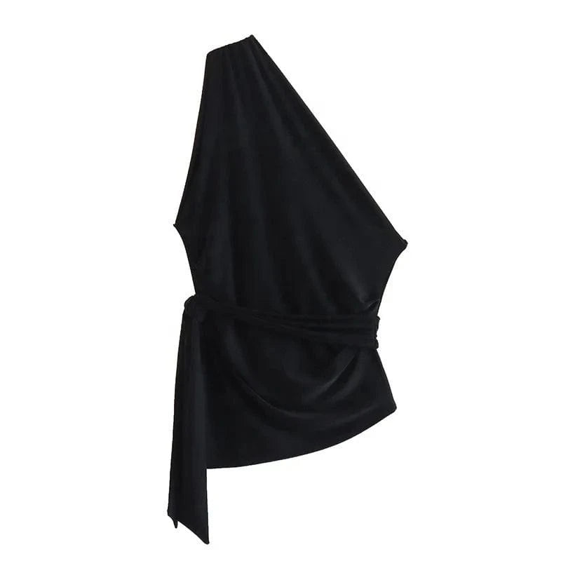 Bow decoration  multi color print asymmetric top wide leg pants set