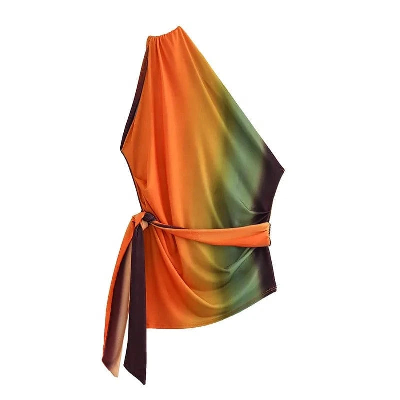 Bow decoration  multi color print asymmetric top wide leg pants set