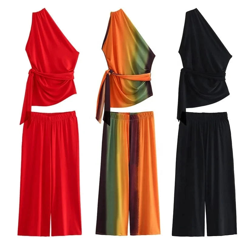 Bow decoration  multi color print asymmetric top wide leg pants set