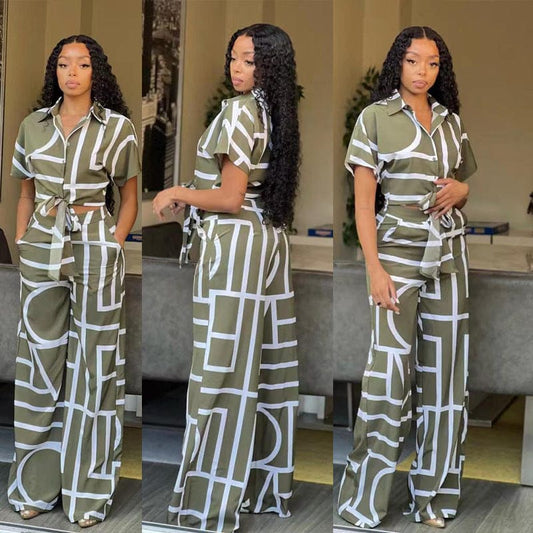 BR3082 2023 spring  printed short-sleeved shirt trousers break Women's suit