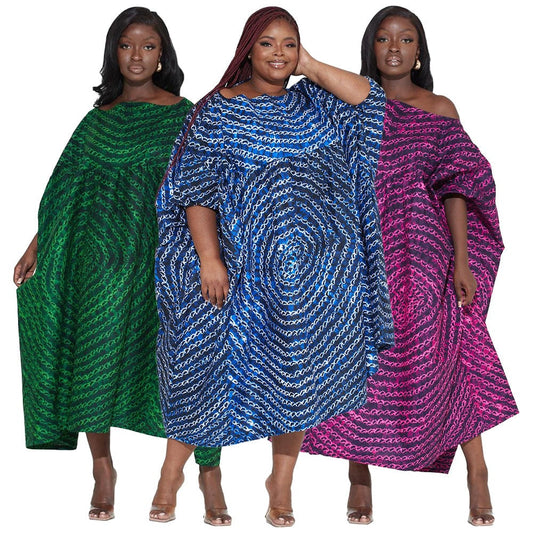 BR3083 New plus size one-line collar fashionable printed high waist dress