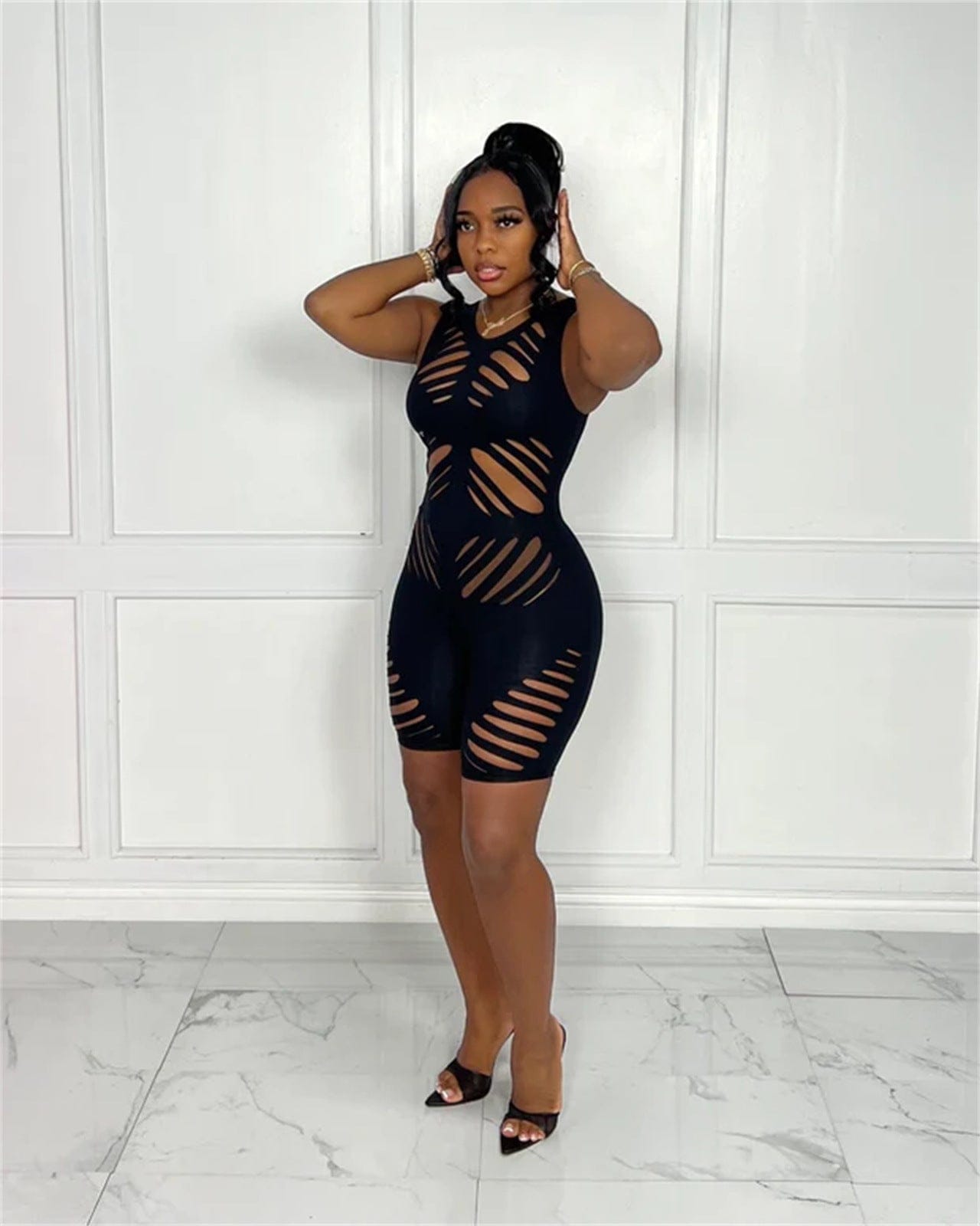 BR3107 women summer hollow-out waist sleeveless vest solid color jumpsuit