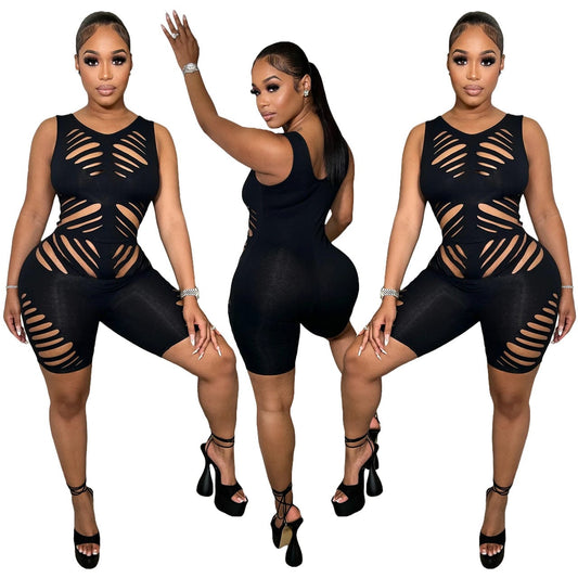 BR3107 women summer hollow-out waist sleeveless vest solid color jumpsuit