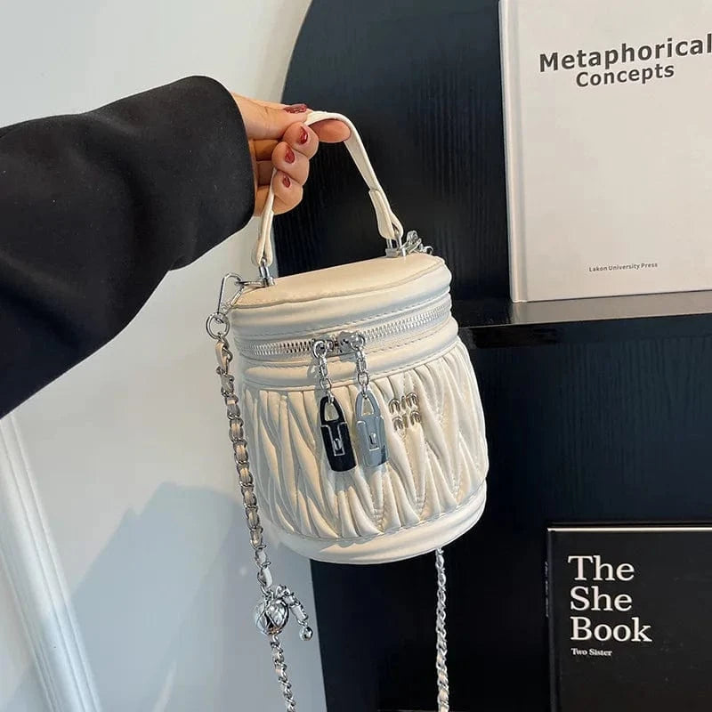 Brand New Fashion Pleated Embroidered Thread Bucket Ruched Luxury Shoulder Messenger Bag Women's Small Barrel Shaped Totes