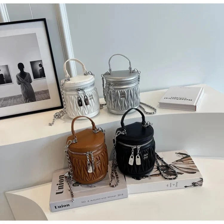 Brand New Fashion Pleated Embroidered Thread Bucket Ruched Luxury Shoulder Messenger Bag Women's Small Barrel Shaped Totes