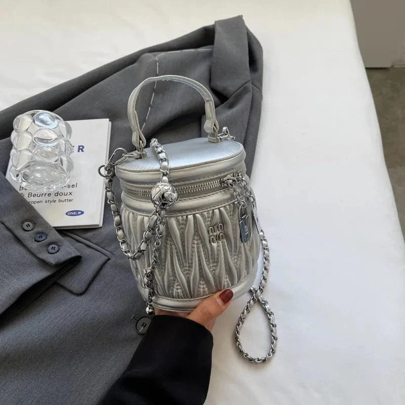 Brand New Fashion Pleated Embroidered Thread Bucket Ruched Luxury Shoulder Messenger Bag Women's Small Barrel Shaped Totes