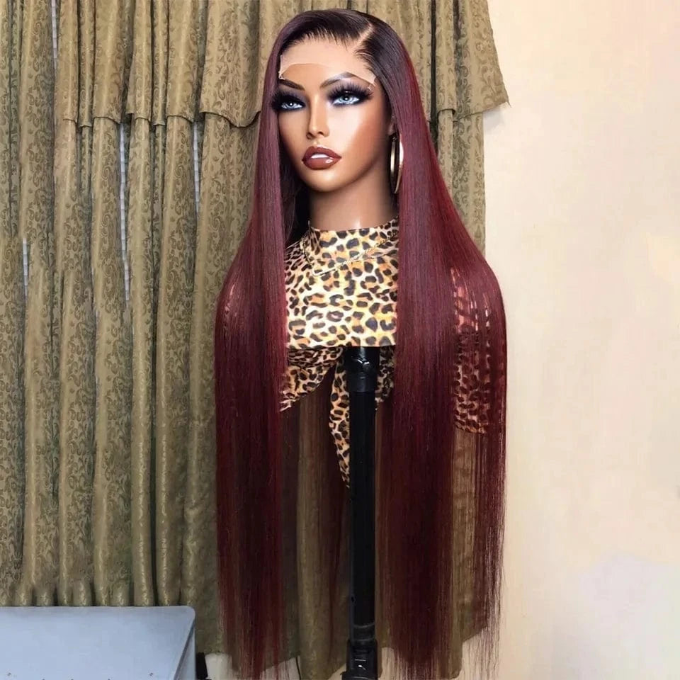 Brazilian Human Hair Burgundy Deep Wave Wigs Transparent Lace Pre Plucked Hair Line Middle Part Cuticle Aligned With Baby Hair