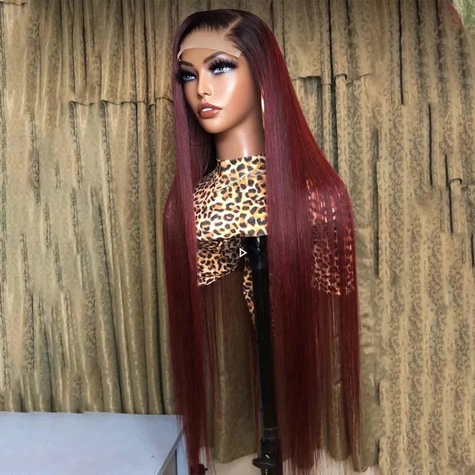 Brazilian Human Hair Burgundy Deep Wave Wigs Transparent Lace Pre Plucked Hair Line Middle Part Cuticle Aligned With Baby Hair