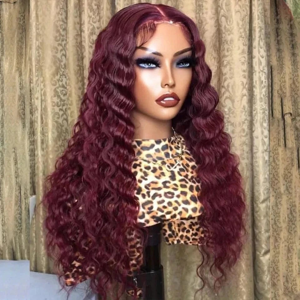 Brazilian Human Hair Burgundy Deep Wave Wigs Transparent Lace Pre Plucked Hair Line Middle Part Cuticle Aligned With Baby Hair
