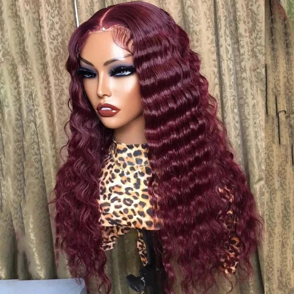 Brazilian Human Hair Burgundy Deep Wave Wigs Transparent Lace Pre Plucked Hair Line Middle Part Cuticle Aligned With Baby Hair