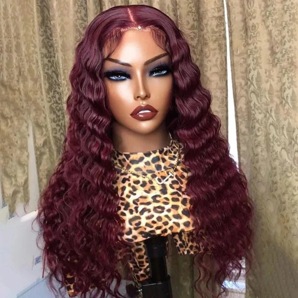 Brazilian Human Hair Burgundy Deep Wave Wigs Transparent Lace Pre Plucked Hair Line Middle Part Cuticle Aligned With Baby Hair