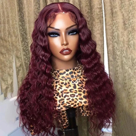 Brazilian Human Hair Burgundy Deep Wave Wigs Transparent Lace Pre Plucked Hair Line Middle Part Cuticle Aligned With Baby Hair