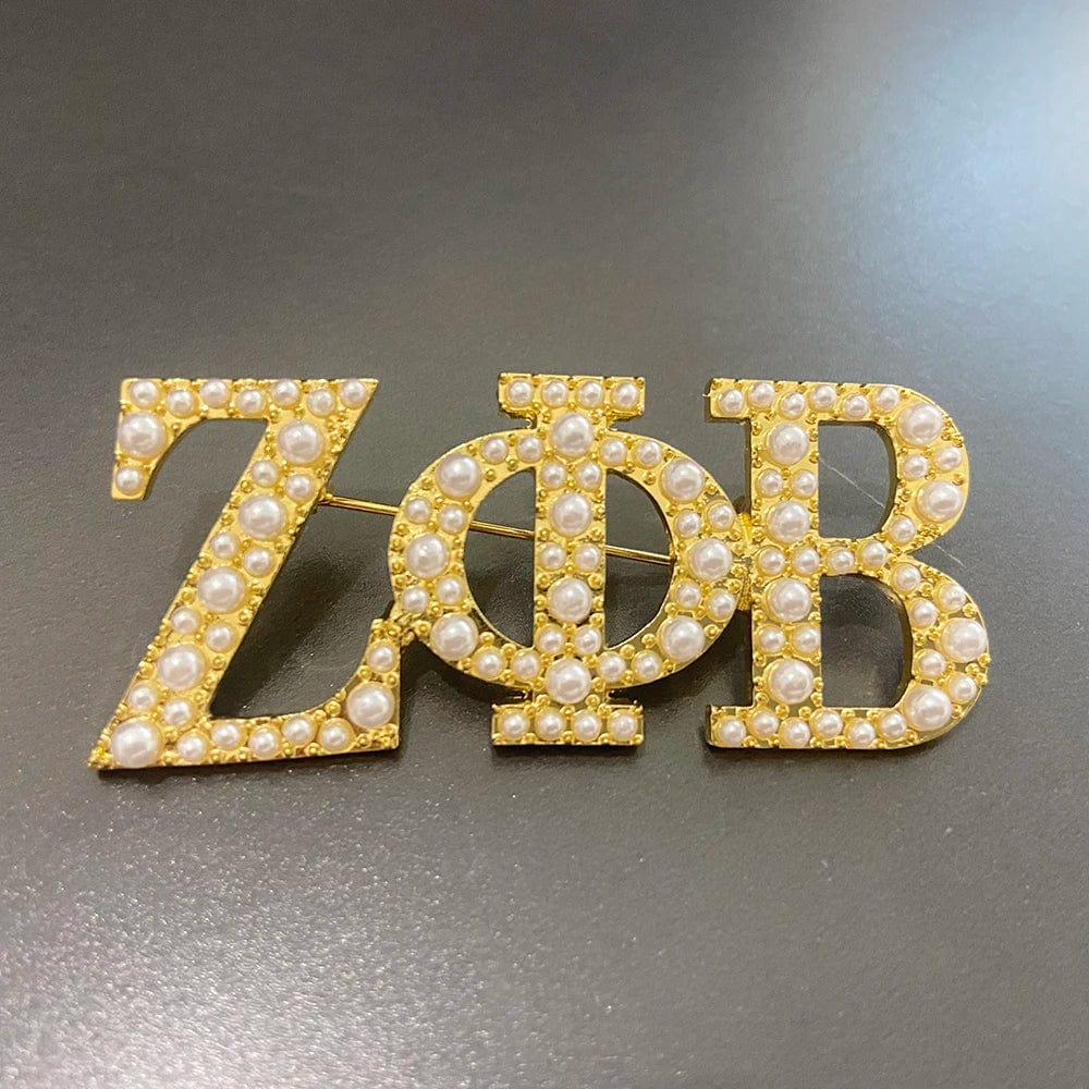 brooch pin / Gold+pearl / as picture show Newest Fraternity and Sorority ZOB Greek Symbol White and Blue  Diamond Pearl Letter Brooch Lapel Pin Party Graduation Gift