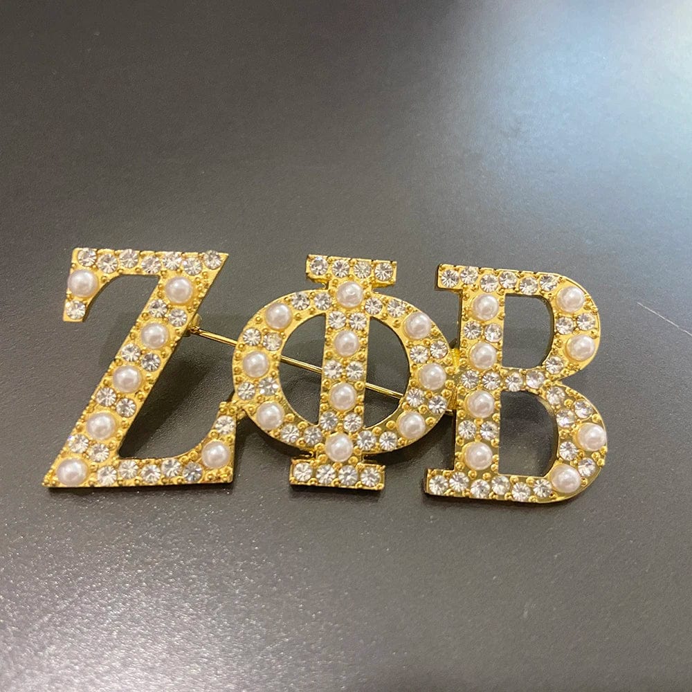 brooch pin / Gold+pearl+rhinestone / as picture show Newest Fraternity and Sorority ZOB Greek Symbol White and Blue  Diamond Pearl Letter Brooch Lapel Pin Party Graduation Gift