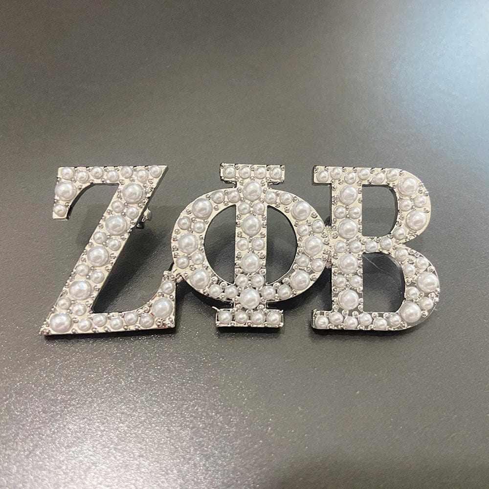 brooch pin / rhodium+pearl / as picture show Newest Fraternity and Sorority ZOB Greek Symbol White and Blue  Diamond Pearl Letter Brooch Lapel Pin Party Graduation Gift