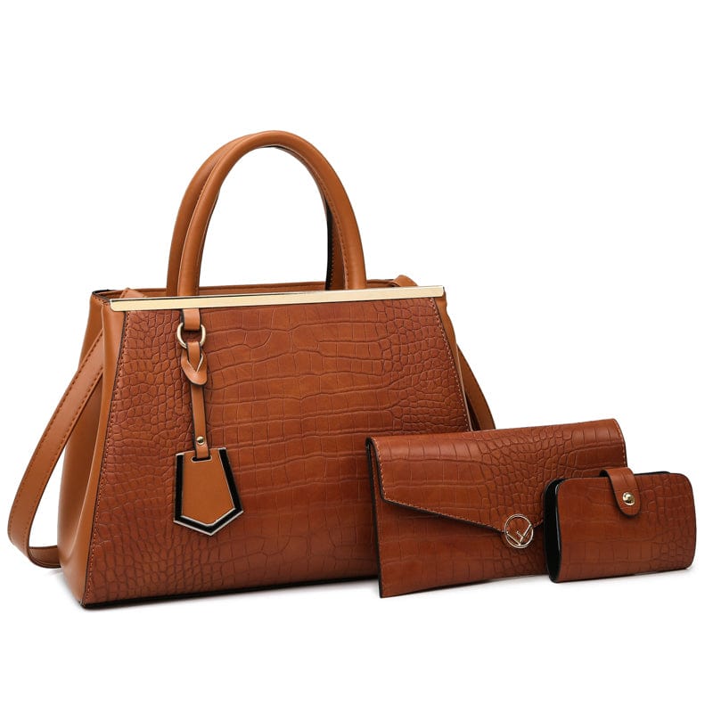 Brown 2022 New Crocodile Pattern Purse Set for Women Luxury Vegan Leather Handbag Sets 3 Pieces Lady Hand Bags