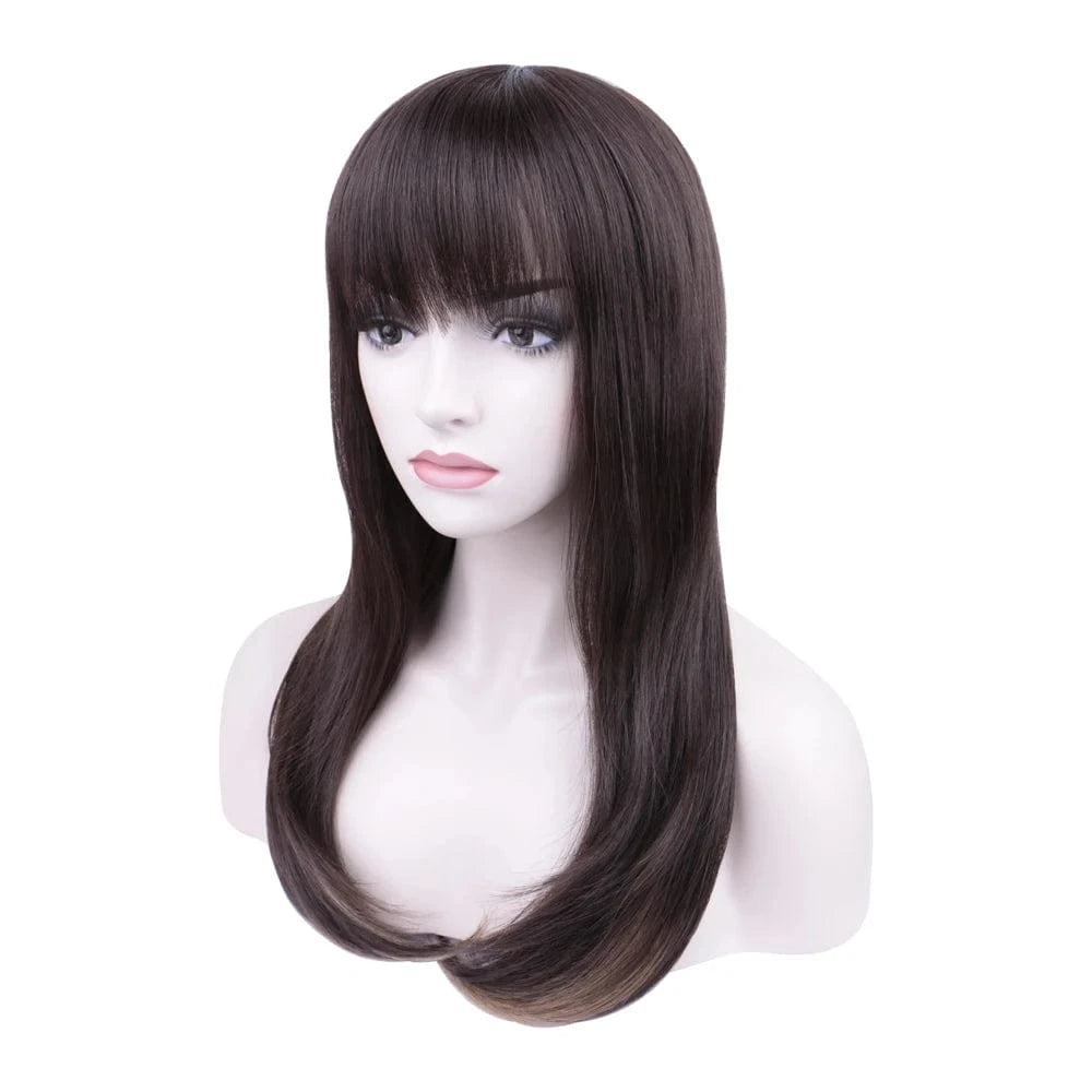 Brown Becus Hair Straight Synthetic Wigs for Sale Long Brown Wig with Bang Baby Hair