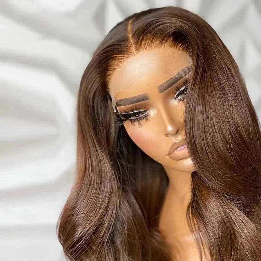 Brown Color Body Wave 8--28 inch 150% Density Pre-Plucked Hair Line 100% Human Hair Lace Front Wig For Woman