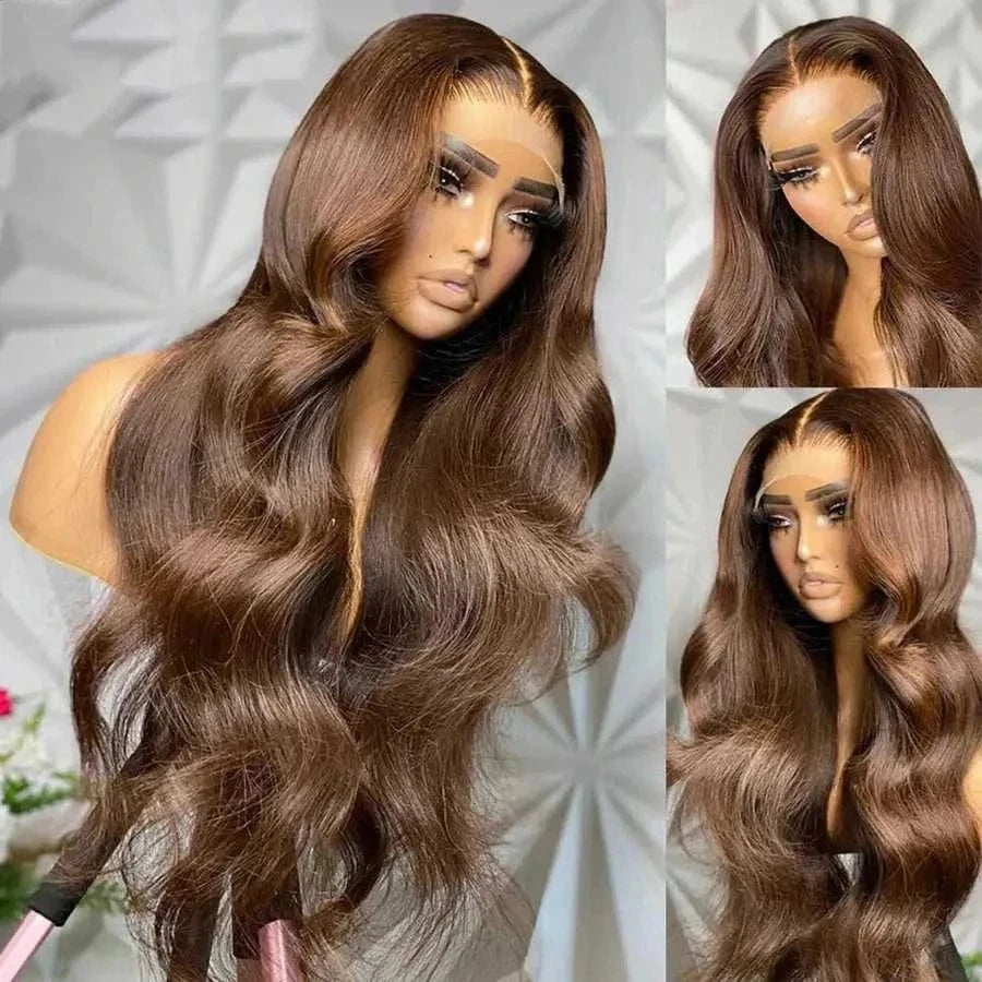 Brown Color Body Wave 8--28 inch 150% Density Pre-Plucked Hair Line 100% Human Hair Lace Front Wig For Woman