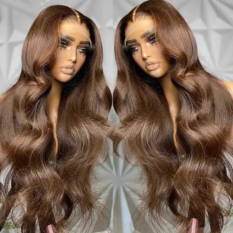 Brown Color Body Wave 8--28 inch 150% Density Pre-Plucked Hair Line 100% Human Hair Lace Front Wig For Woman