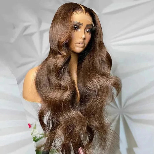 Brown Color Body Wave 8--28 inch 150% Density Pre-Plucked Hair Line 100% Human Hair Lace Front Wig For Woman