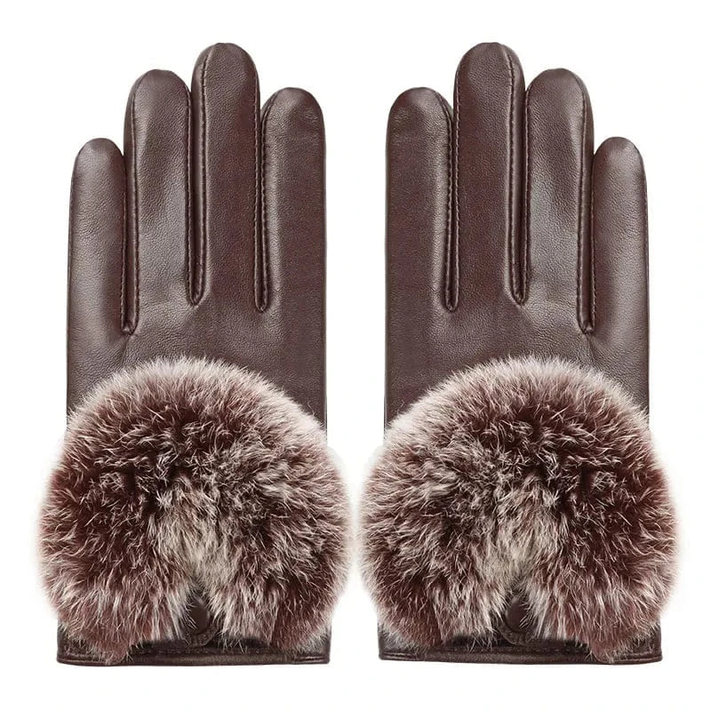 Brown Custom design texting winter women real leather rex rabbit fur gloves