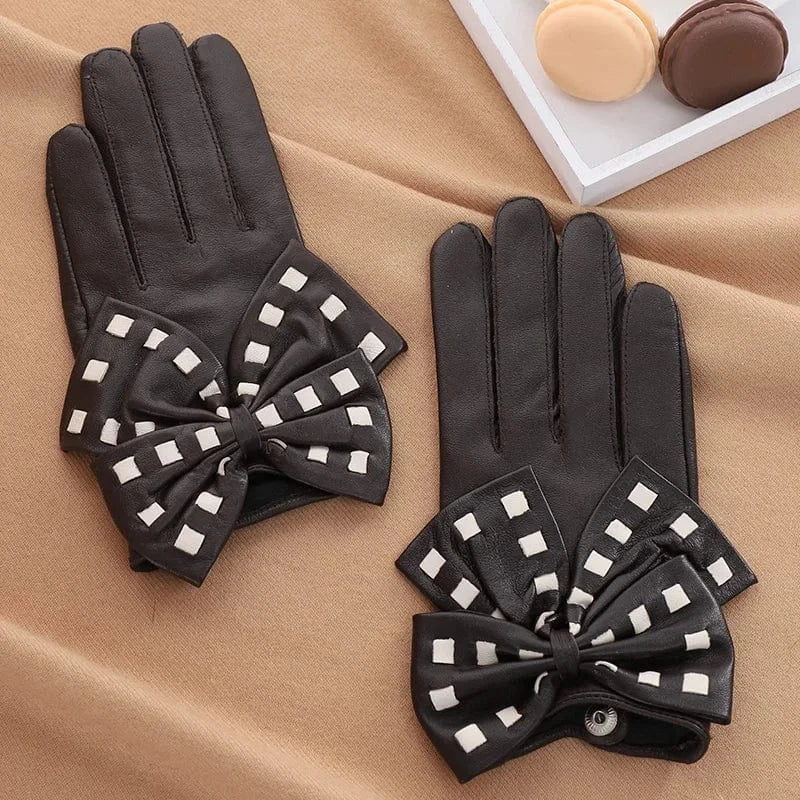 Brown Fashion girls touchscreen bow leather yellow sheepskin gloves