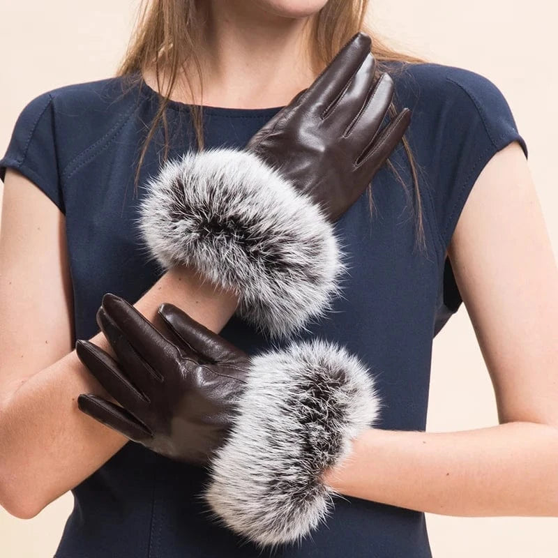 Brown Fashion purple smartphone fleece rex rabbit fur cow split leather gloves for woman