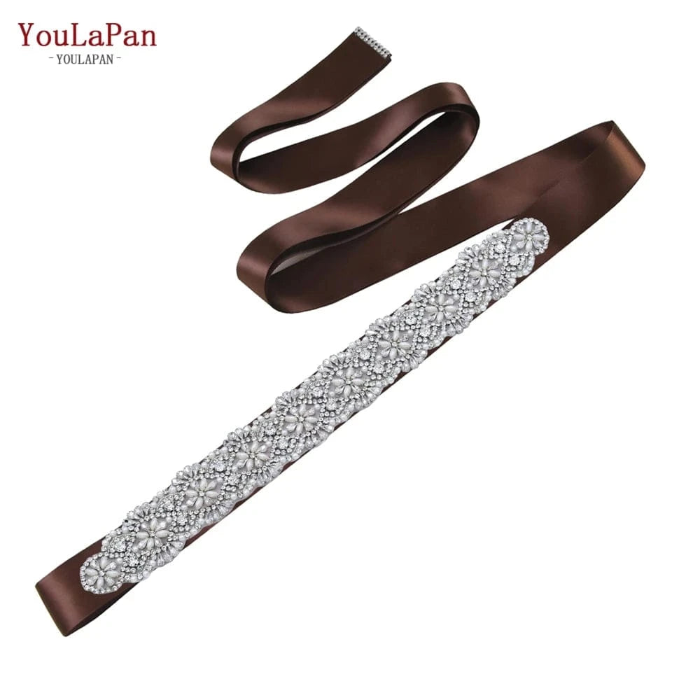 Brown Ribbon YouLaPan S04C Rhinestone Party Dress Belt Luxury Bridal Sash Ribbon For Ladies Evening Dress Bridal Jewelry Belt