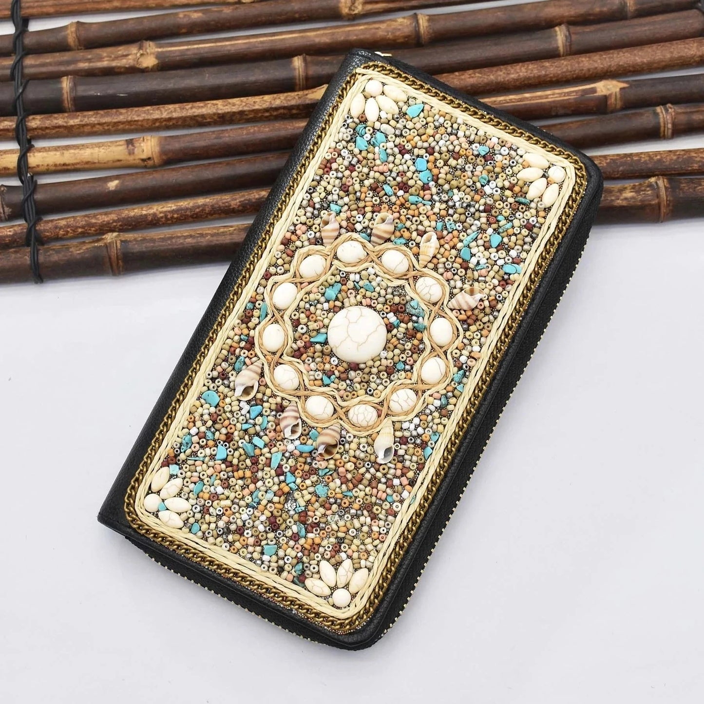 brown Women Fashion Leather Clutch Handbags Zipper Blocking Wallet Purse With Beads Turquoise Stone For Women Girls