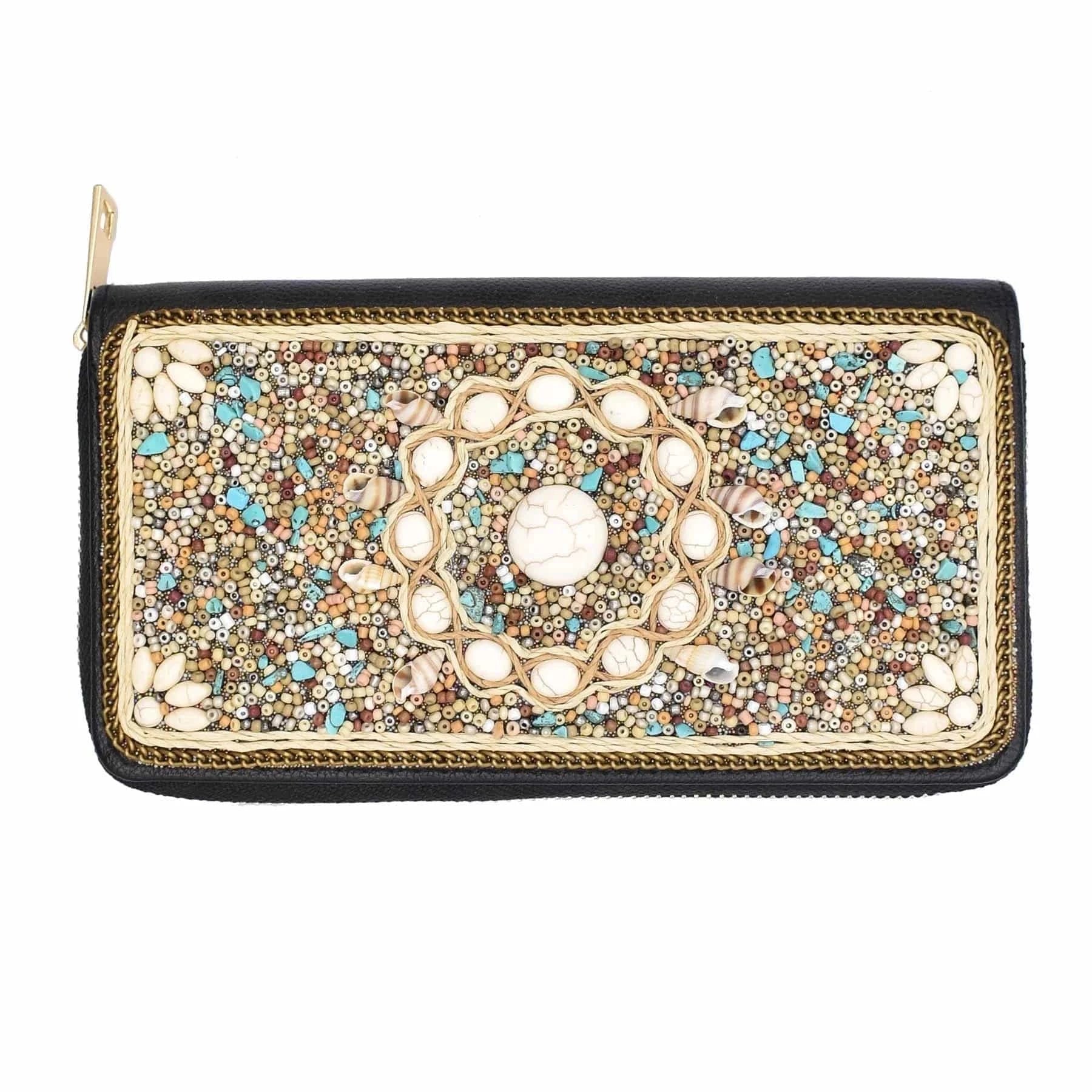 brown Women Fashion Leather Clutch Handbags Zipper Blocking Wallet Purse With Beads Turquoise Stone For Women Girls