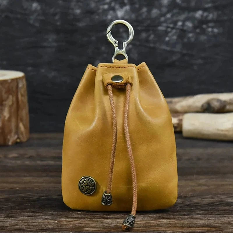 brownish yellow Vintage Drawstring Bag  Genuine Leather Coin Purse Pouch With Buckle For Men and Women