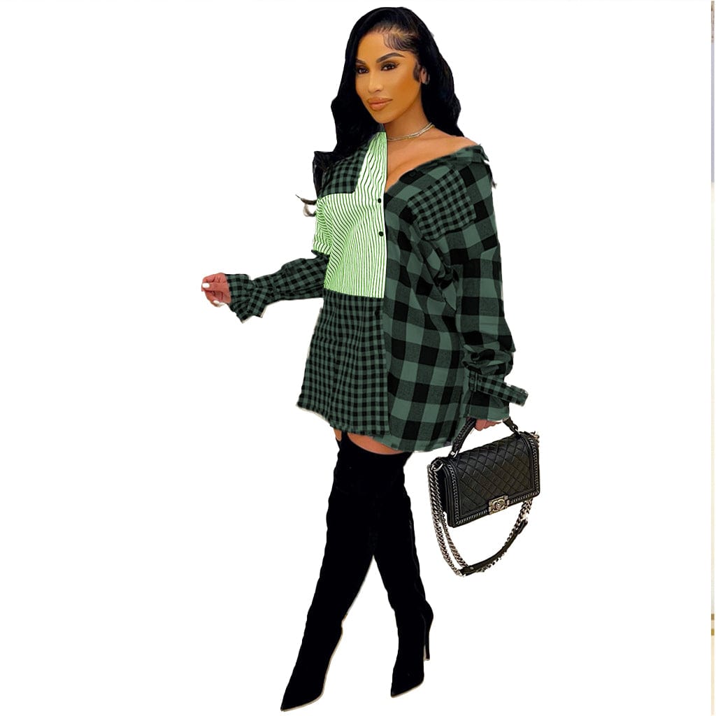 Brushed Plaid Stitching Single-breasted Shirt Dress