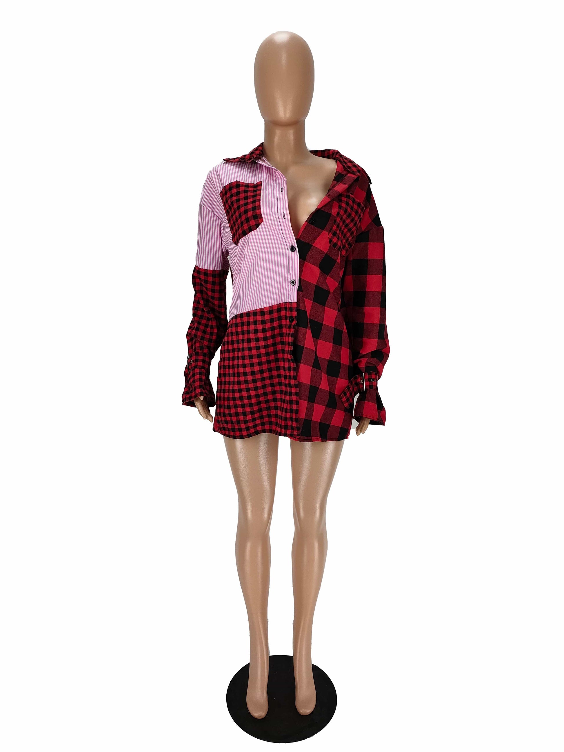 Brushed Plaid Stitching Single-breasted Shirt Dress