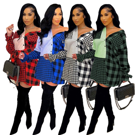 Brushed Plaid Stitching Single-breasted Shirt Dress