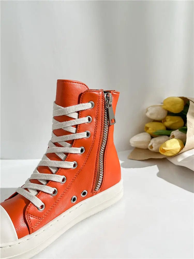 BUSY GIRL Casual Canvas Shoes Luxury Trainers Ankle Lace Up Women Sneaker Zip High TOP Streetwear Flats Black Sneakers Boots