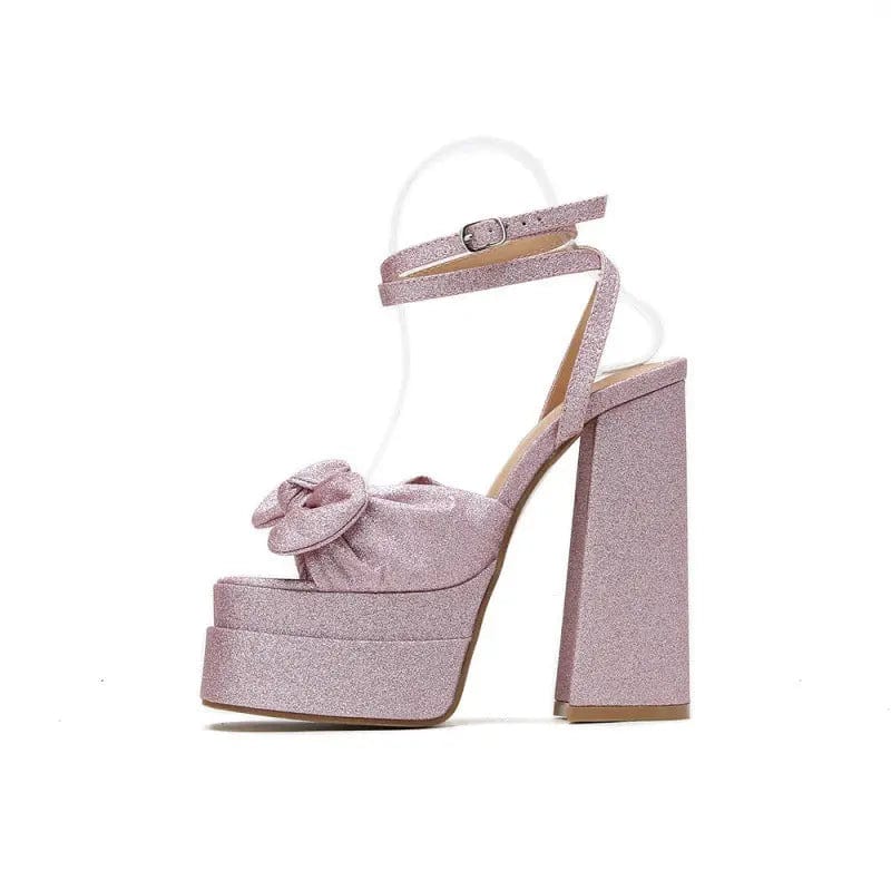 BUSY GIRL LFN4389 Heeled Sandals Women Rhinestone Bow Double Platform Thick Chunky Heels Square Toe High Heels Shoes For Women