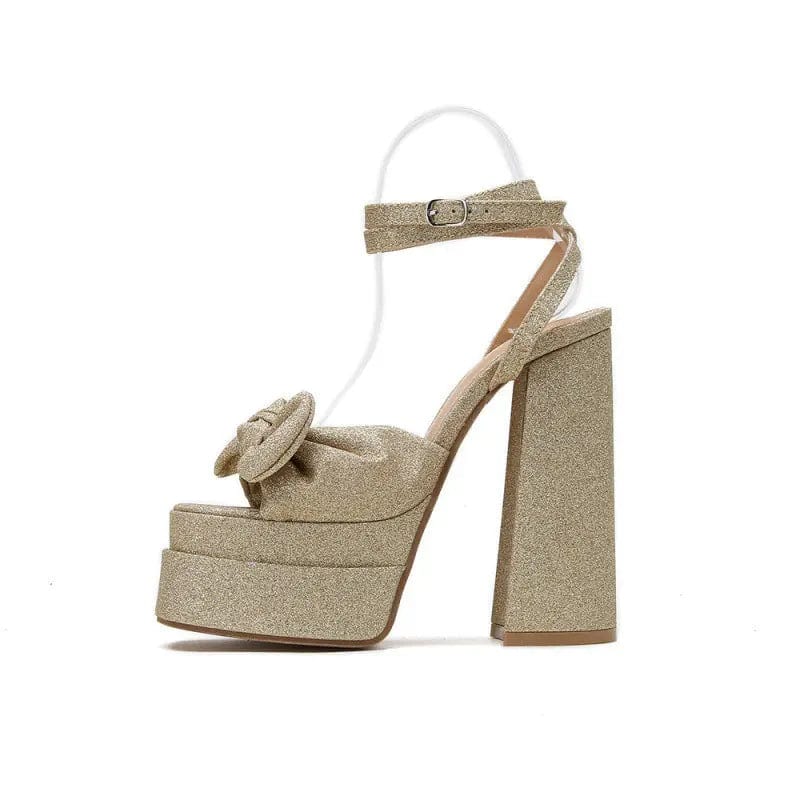 BUSY GIRL LFN4389 Heeled Sandals Women Rhinestone Bow Double Platform Thick Chunky Heels Square Toe High Heels Shoes For Women