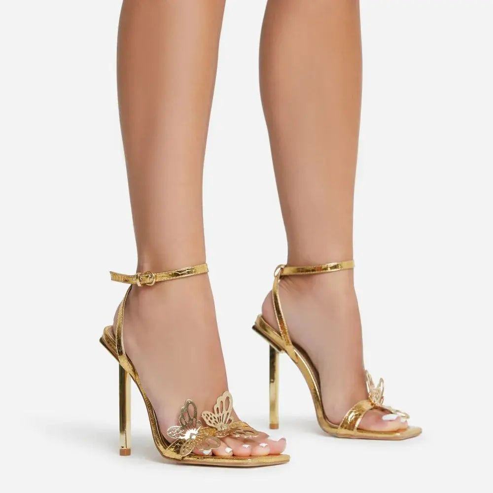 BUSY GIRL XSD4411 3D Butterfly Detail Square Toe Metallic 12.5CM Stiletto High Heels For Ladies Talon Femme Gold Heeled Sandals