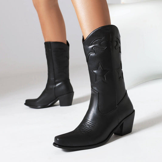 BUSY GIRL XY4798 Black leather star decor knee high boots women shoes wholesale 6cm heels short fur winter cowboy boots