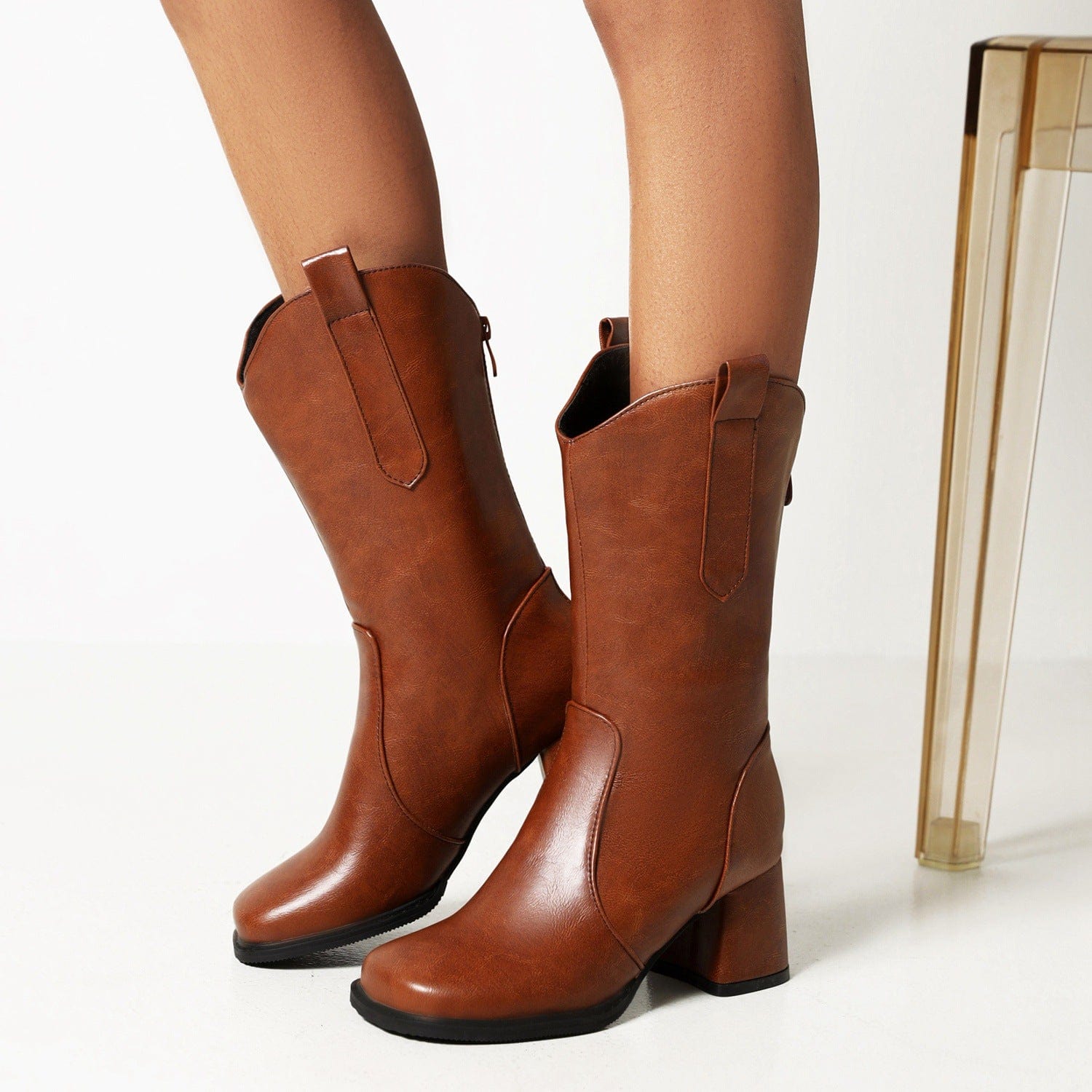 BUSY GIRL XY4836 knee high boots for women size 48 square toe 6.5cm block heels ladies fashion mid calf cowboy boots