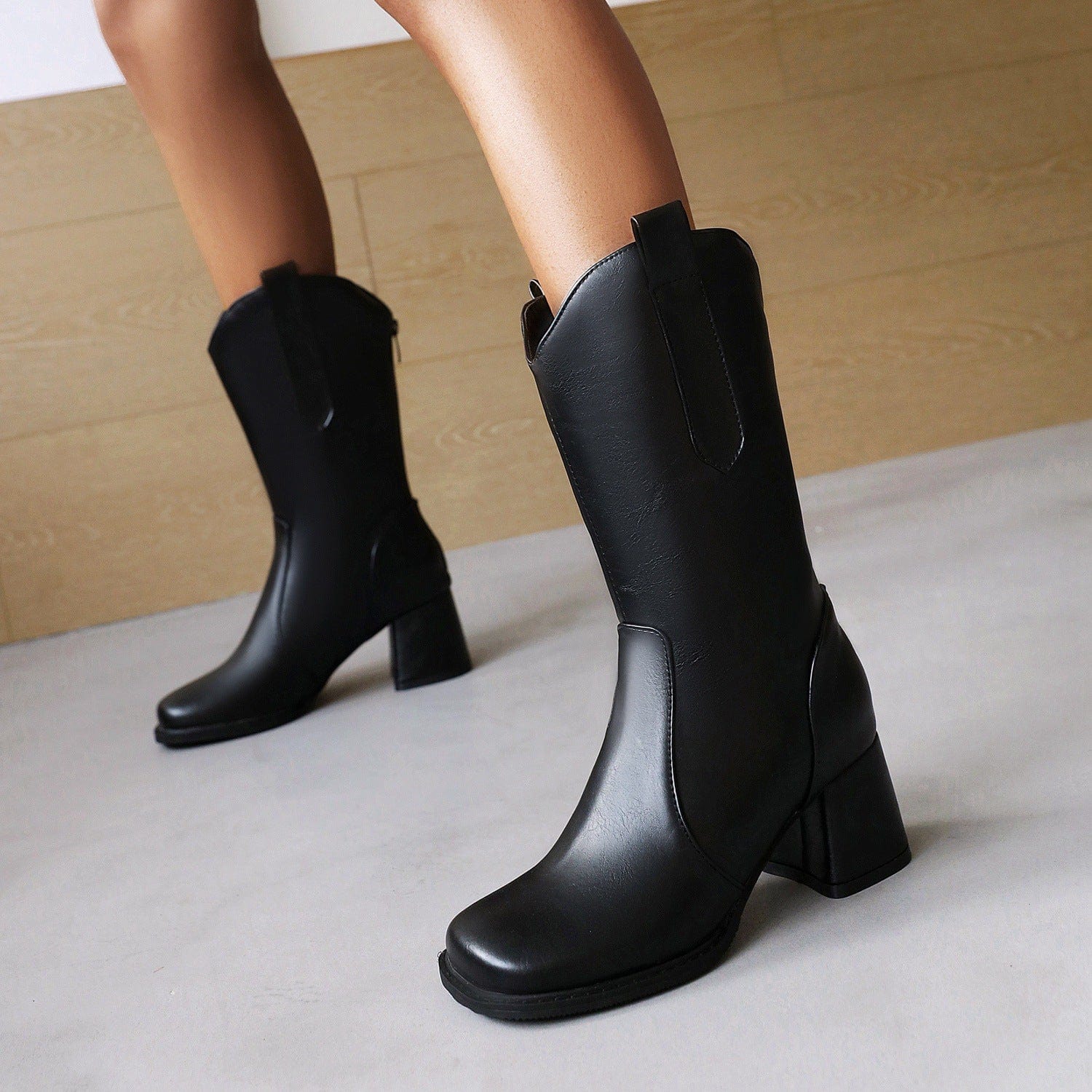 BUSY GIRL XY4836 knee high boots for women size 48 square toe 6.5cm block heels ladies fashion mid calf cowboy boots