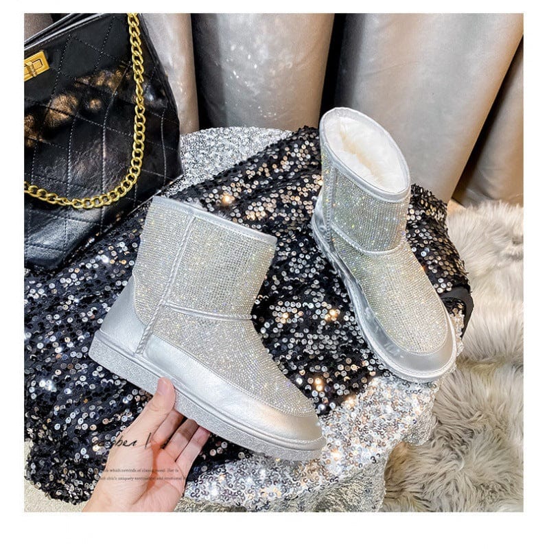 BUSY GIRL YN4386 Snow Boots Women Plush Rhinestone Winter Warm Round Toe Flat Heel Blingbling Shiny Ankle Boots for Women