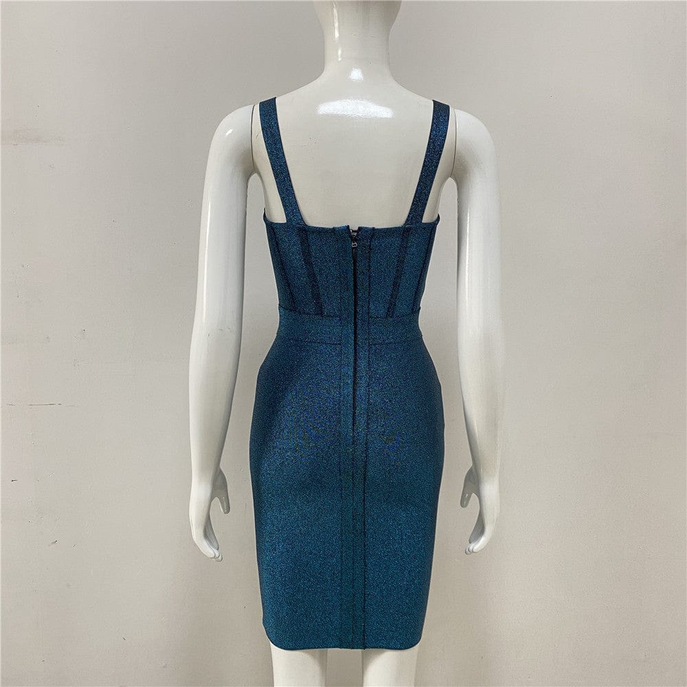 BY1977 Women Elegant Celebrity Blue Bodycon Stretchy Bandage Dress
