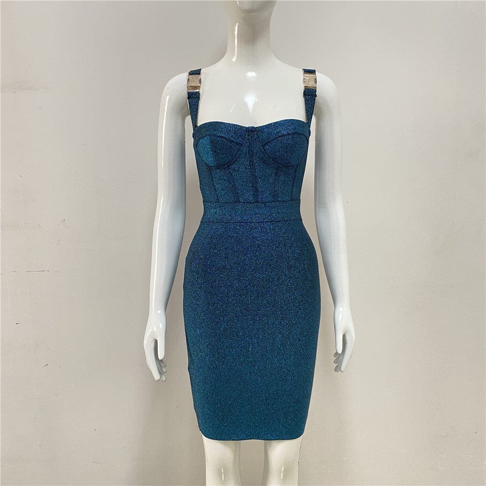 BY1977 Women Elegant Celebrity Blue Bodycon Stretchy Bandage Dress