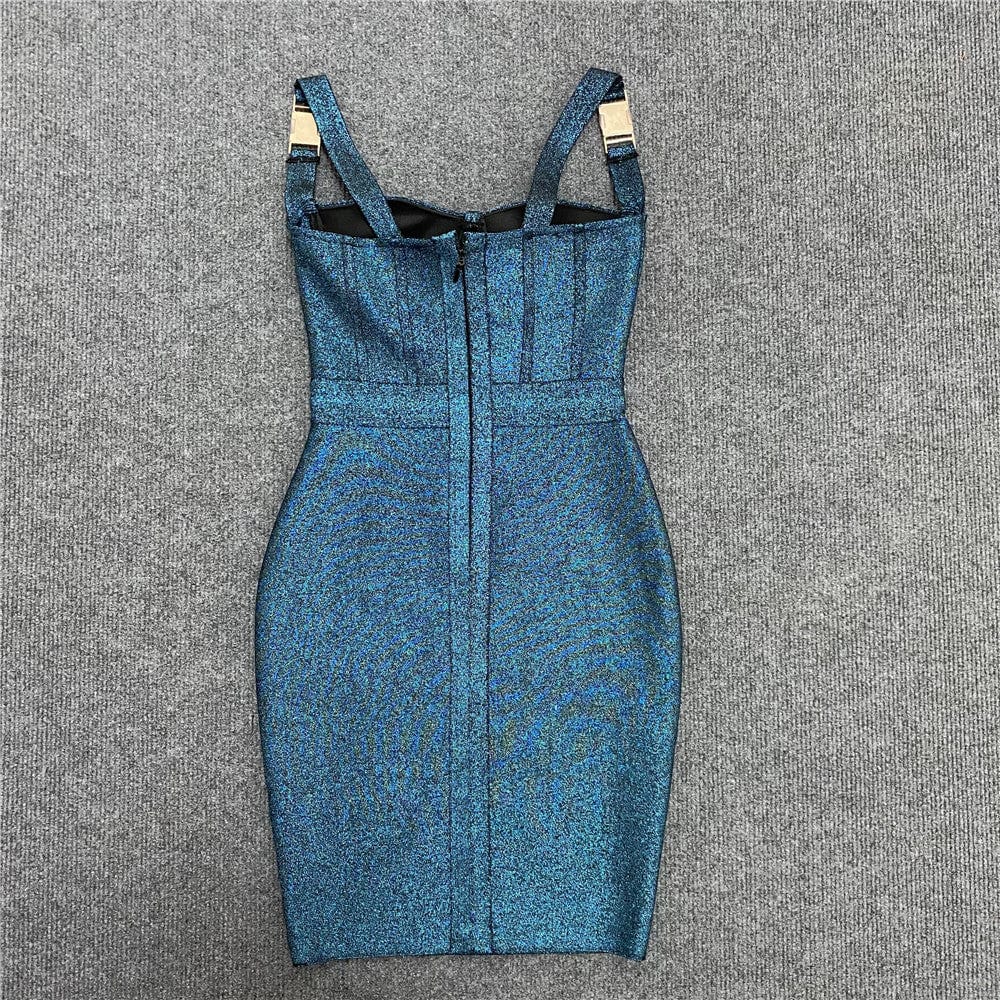 BY1977 Women Elegant Celebrity Blue Bodycon Stretchy Bandage Dress