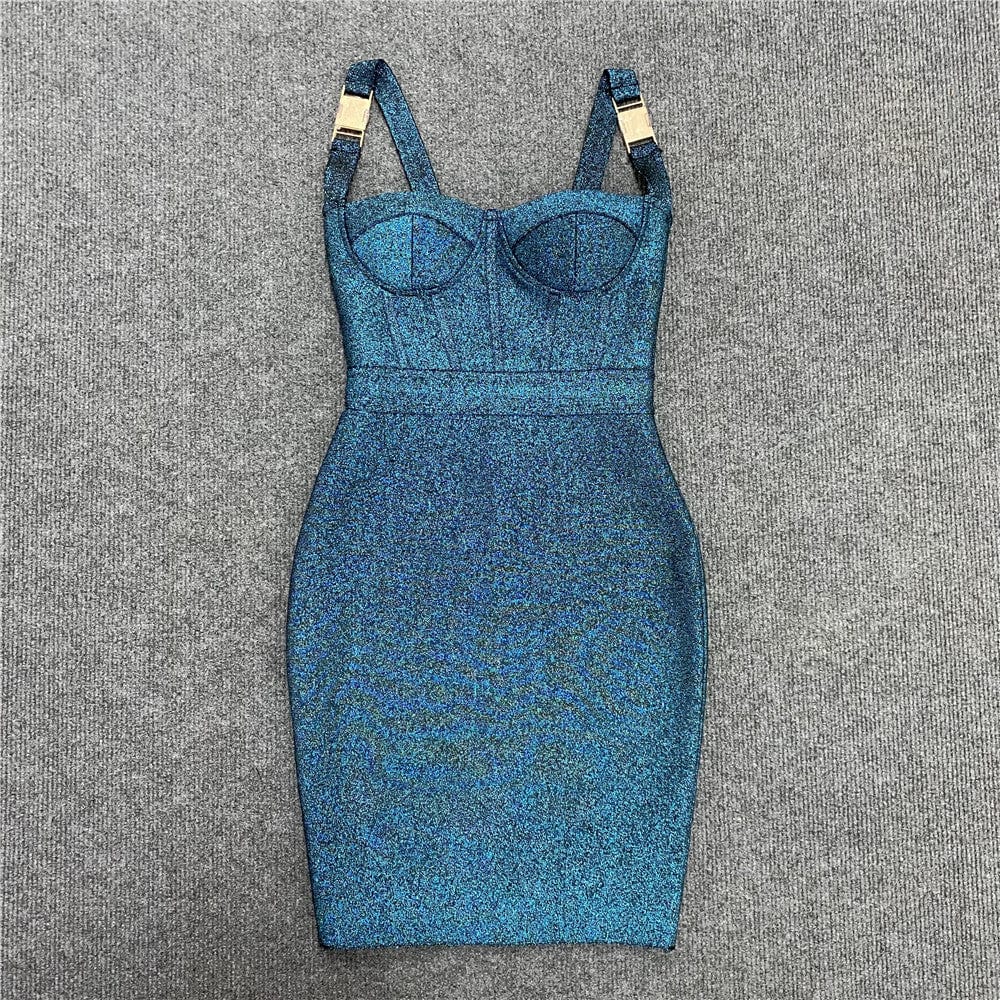 BY1977 Women Elegant Celebrity Blue Bodycon Stretchy Bandage Dress
